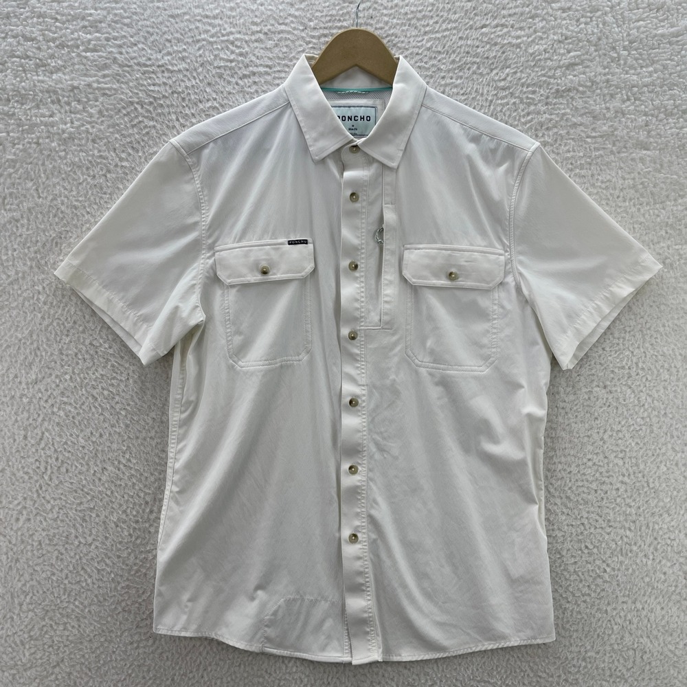 Poncho Shirt Mens Medium White Short Sleeve Slim Western Outdoor Fishing Hiking